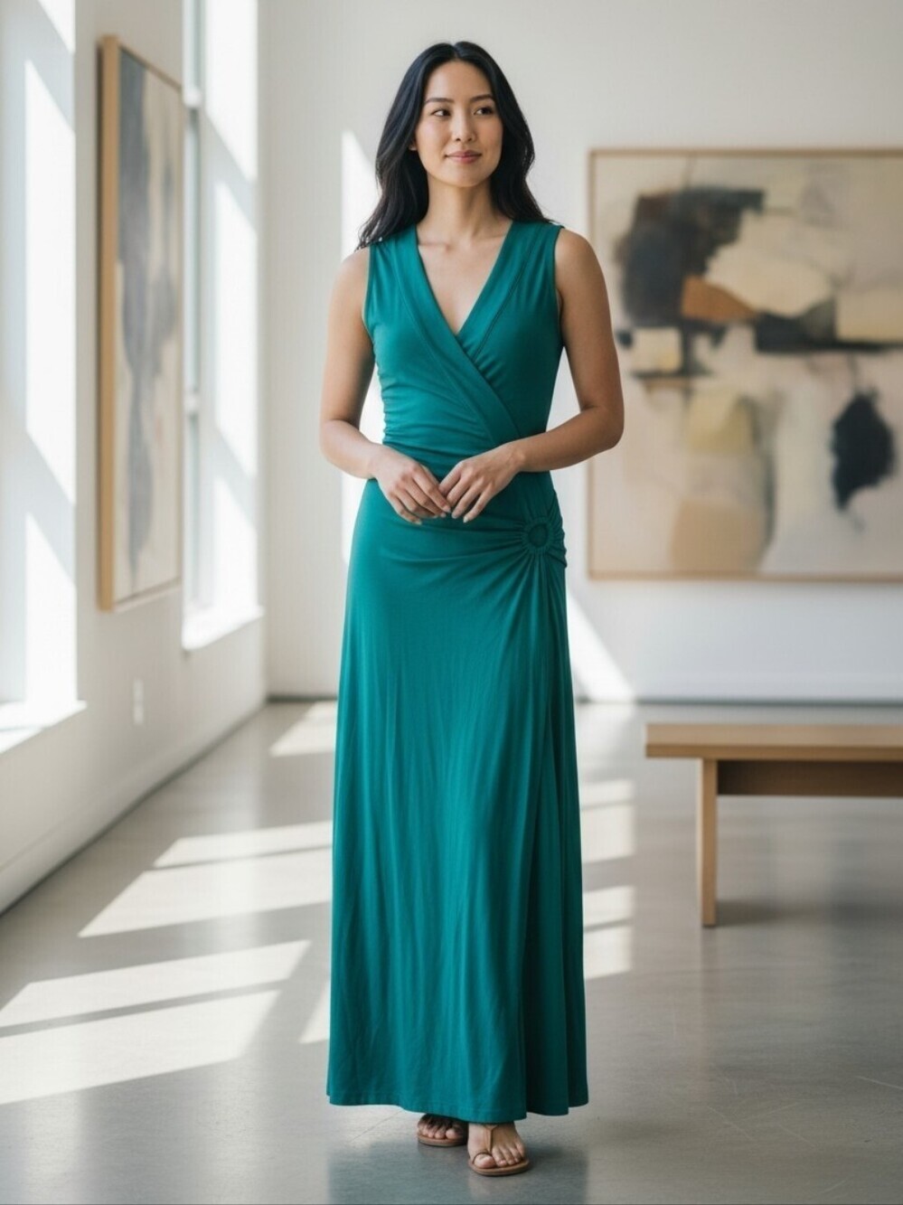 Lands' End Teal Sleeveless Wrap-Detail Maxi Dress